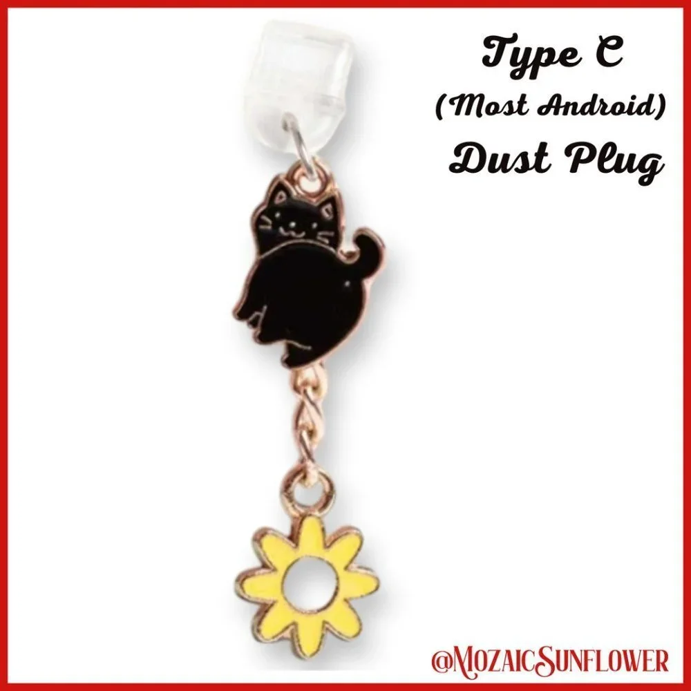 Type C USB Charging Port Anti Dust Plug Cute Cat and Sunflower